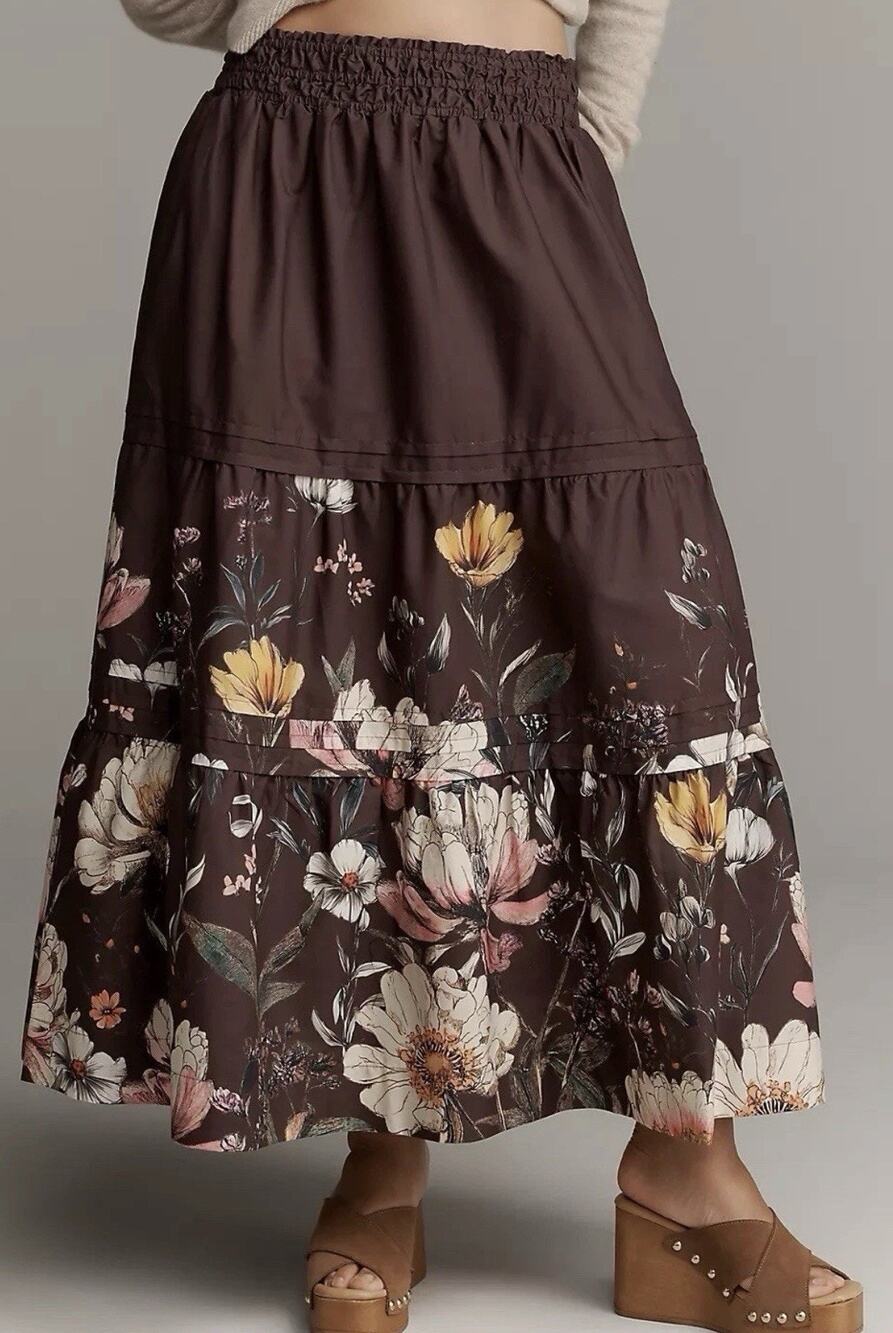NWT Anthropologie The Somerset Maxi Skirt Tiered Brown Garden Floral Sz S